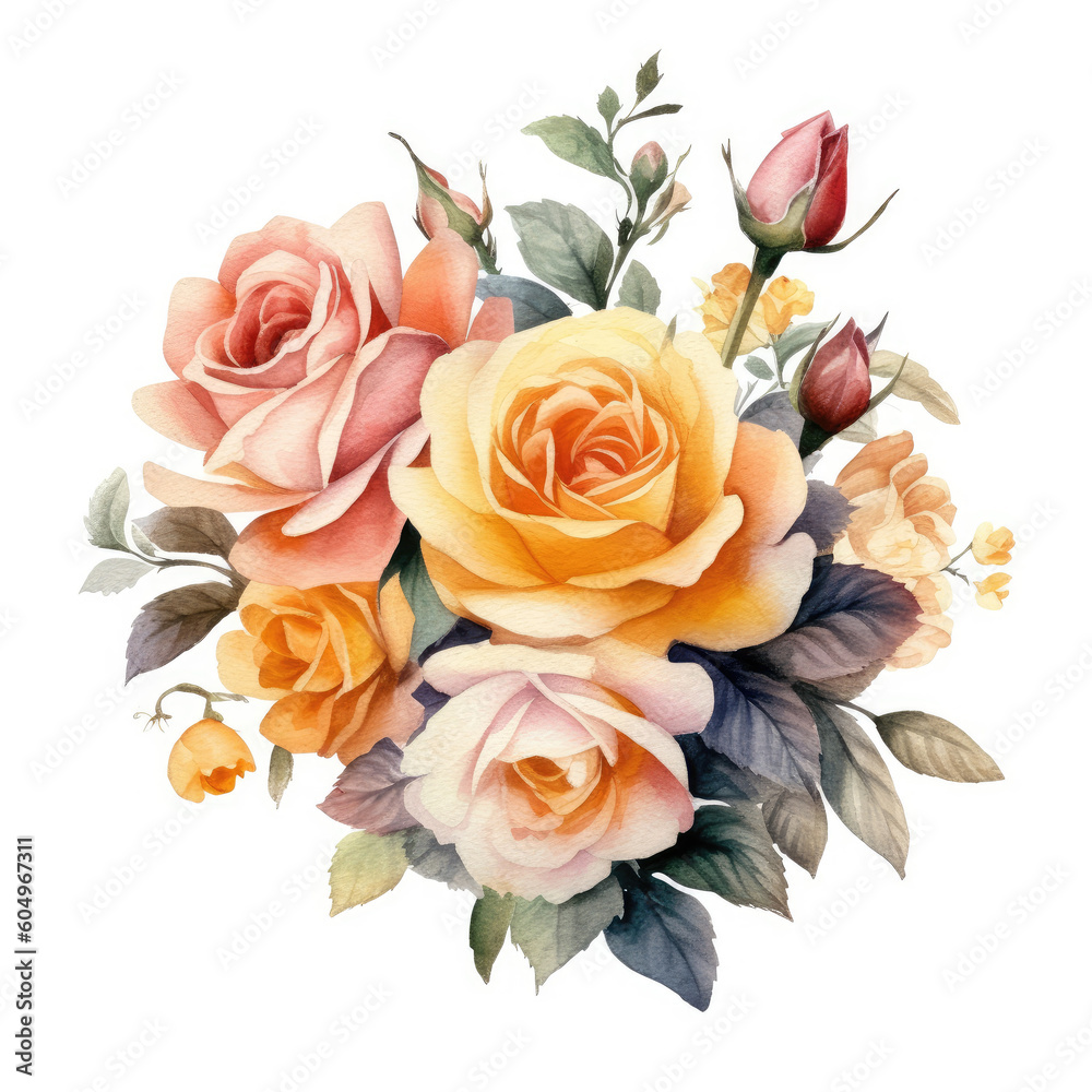 Elegant Roses Wedding Floral Bouquet - Watercolor Clipart with White ...