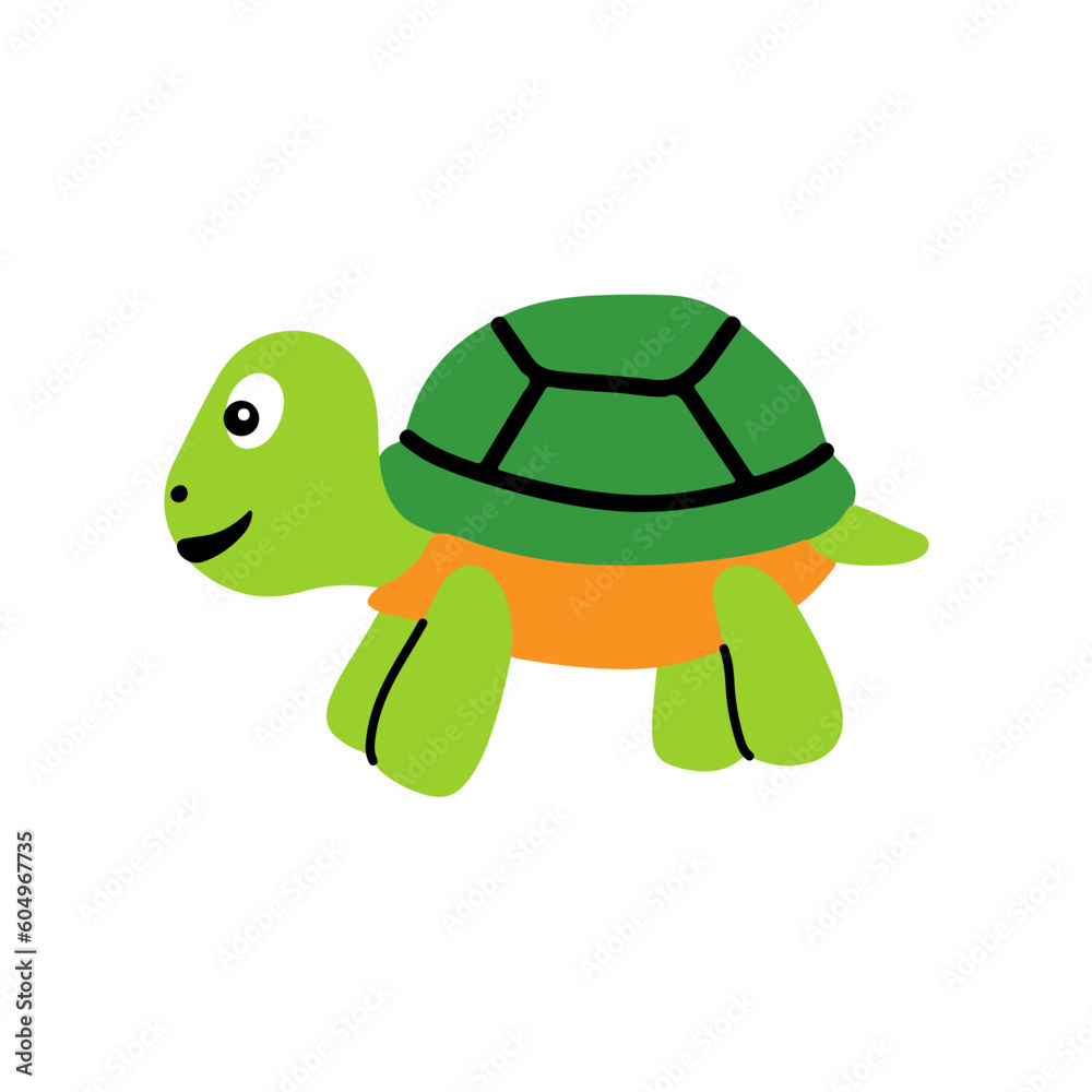 Cute and funny green turtle with brown shell. Side view of happy tortoise character standing isolated on white background. Childish colored flat vector illustration Cute and funny green turtle with brown shell. Side view of happy tortoise character standing isolated on white background. Childish colored flat vector illustration