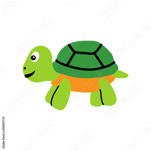 Cute and funny green turtle with brown shell. Side view of happy tortoise character standing isolated on white background. Childish colored flat vector illustration