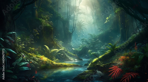 Adventure rainforest nature landscape background generative ai