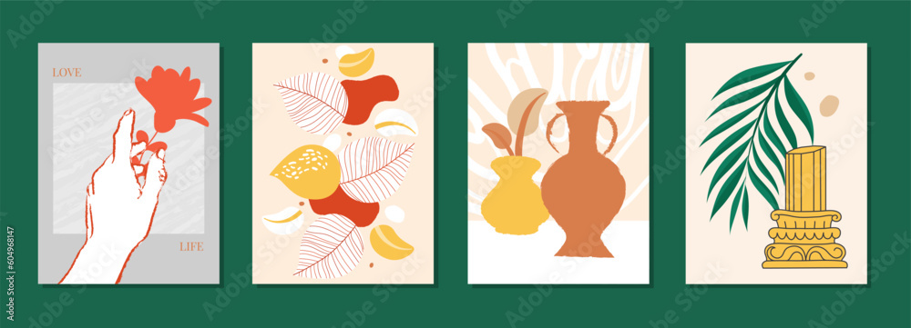 Creative flyer or poster concepts with abstract geometric shapes and vase silhouettes on bright background. Roman and Greek vector illustration. Art posters for the exhibition,  magazine or cover