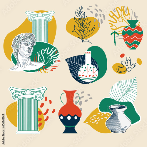 Creative elements for collage with abstract geometric shapes and vase silhouettes. Roman and Greek vector illustration. Art posters for the exhibition,  magazine or cover. Nostalgia collage creator