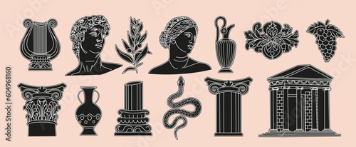 ntique statues, bust, pillar, amphora, column, grape, statues, olive branch, snake. Different objects. Mythical, ancient greek or roman style. Hand drawn sculpture illustration. Collage art elements