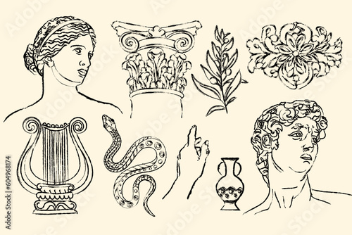 Ancient sketch drawings - statues, bust, pillar, amphora, column. Different objects. Mythical, ancient Greek or roman style. Hand drawn sculpture illustration. Classic statues. Collage art elements