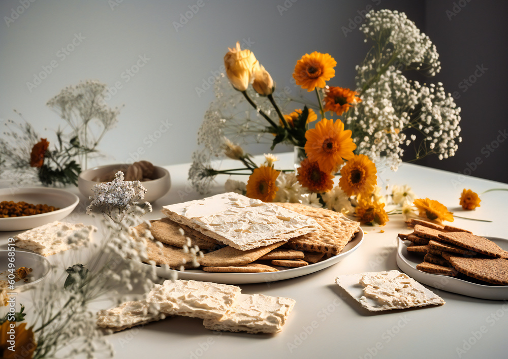 kallah and matzah with flowers and crackers on white tables