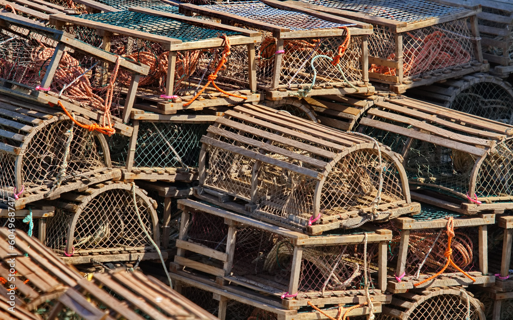  Lobster traps stacked at maritime Port Hood in Nova Scotia, Canada