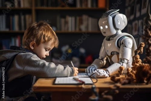 A robot helping with the homework, future of AI, children. Generative AI 