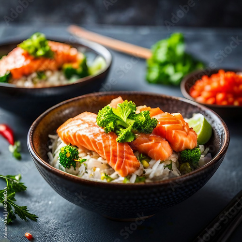 Poke bowl with fresh salmon brocoli and vegetables, created with generative AI technology