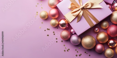 Pink christmas gift box with ribbon and decorations on purple background