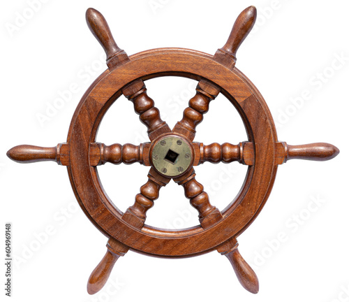Fotografiet Wooden steering wheel rudder of a small boat isolated