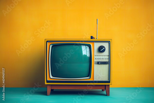 AI Generative Illustration of a vintage analog television with lamp beside it on color background in 70s style