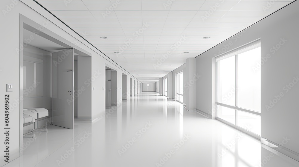  a long corridor is used in a medical office, in the style of monochromatic white figures, sparse backgrounds.