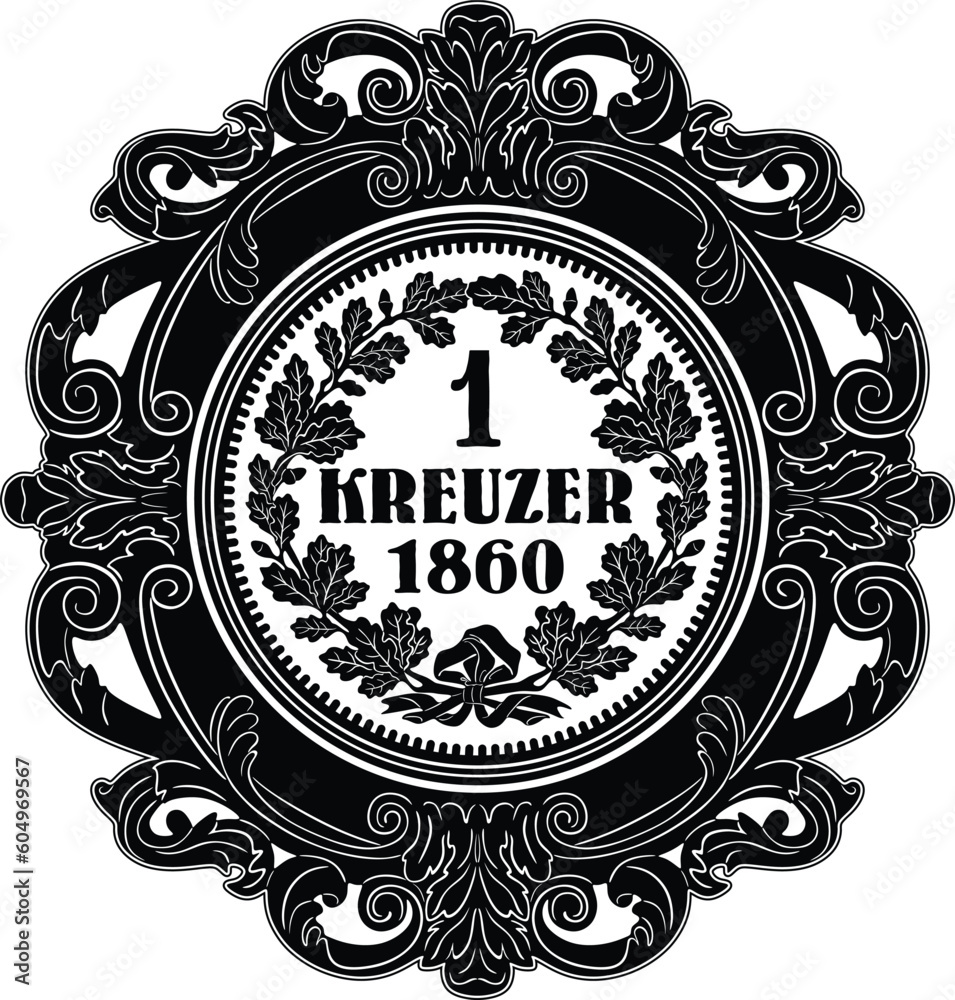 German coin one kreuzer year 1860 with frame vector design silhouette
