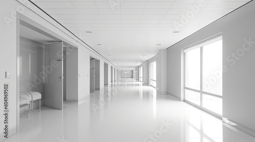  a long corridor is used in a medical office  in the style of monochromatic white figures  sparse backgrounds.