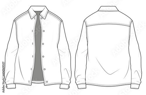 Shirt Jacket Front and Back View. Fashion Illustration, Vector, CAD, Technical Drawing, Flat Drawing, Template, Mockup.