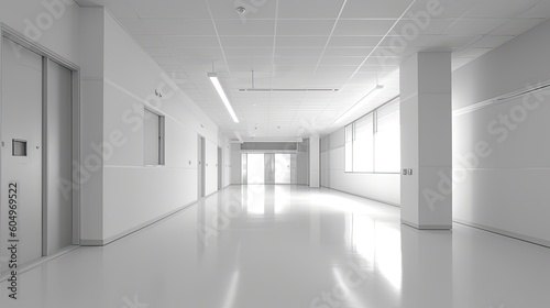  a long corridor is used in a medical office  in the style of monochromatic white figures  sparse backgrounds.