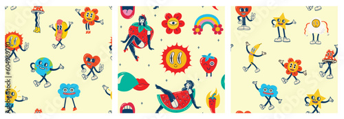 Happy Earth Day retro cards with slogan. Vintage nostalgia cartoon planet mascot character with smiling face. Globe with peace hand gesture. Environment friendly recycle concept.