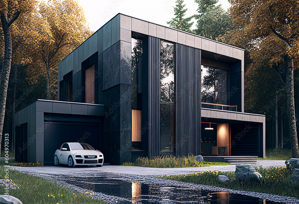 Contemporary modern black house. Architect's house. Modern house with large windows. Real estate. Real estate agency. Real estate agent
 - obrazy, fototapety, plakaty 