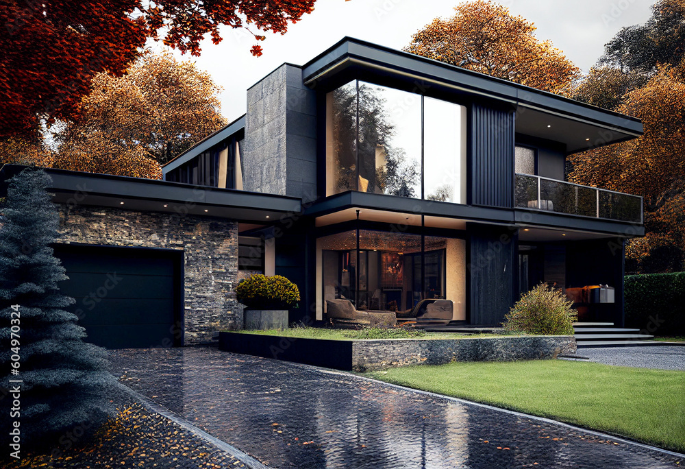 Contemporary modern black house. Architect's house. Modern house with