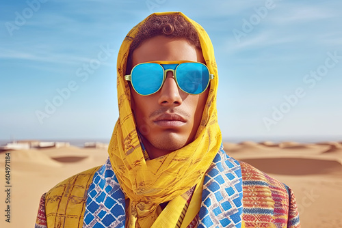 Generative AI illustration of a man dressed in colorful ethnic clothing with sunglasses looking at the camera © Supermelon