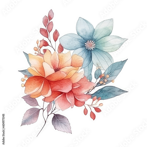 Wedding Composition of Flowers and Greenery in Bouquet Shape - Watercolor Illustration AI generated 