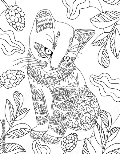 Cute kitten. Hand drawing coloring for kids and adults. Beautiful drawings with patterns and small details. Cat coloring page, monochrome book pictures with animals. Vector