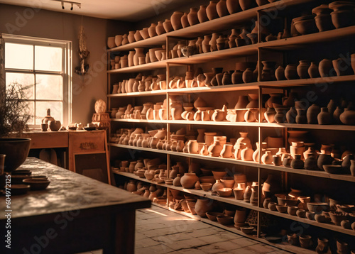 many pieces of pottery stored on shelves