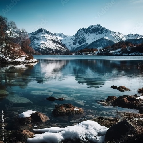 Scenic view of lake with snow capped mountains