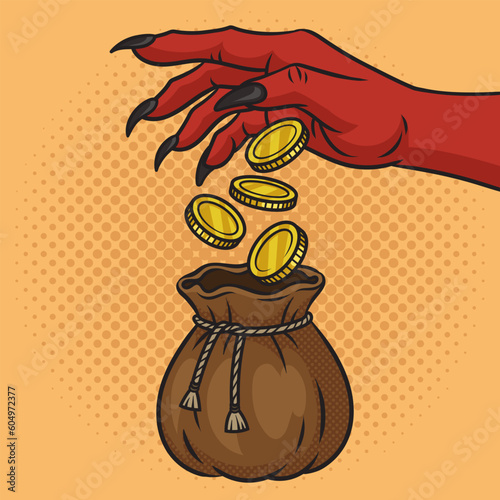 Usury moneylender devil hand gives money pinup pop art retro vector illustration. Comic book style imitation.