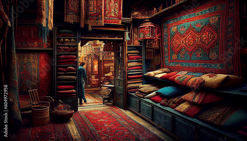 Old carpet shop in eastern bazaar Generative AI