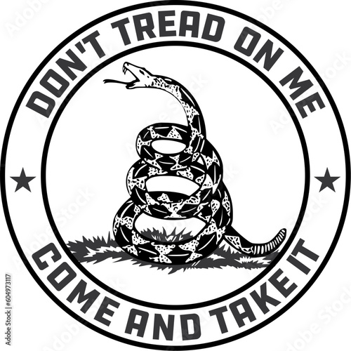 Don't Tread on Me Gadsden Flag emblem in black and white 