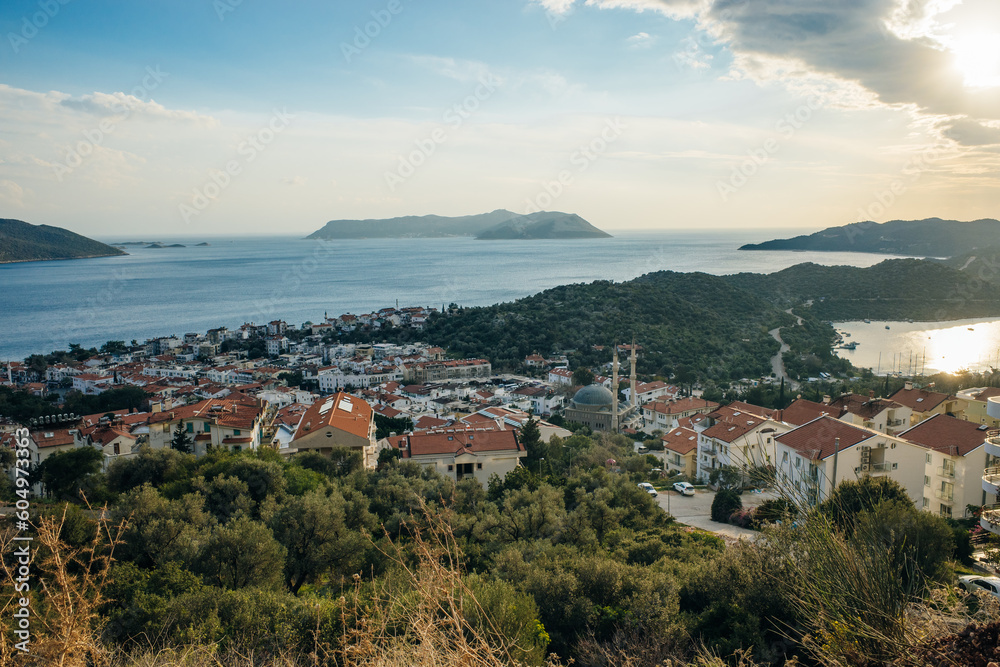 Majestic panoramic view of seaside resort city of Kas in Turkey.