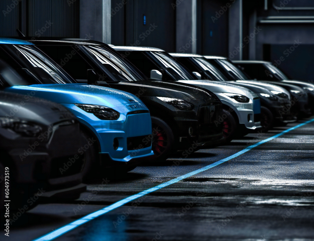 a line of black and gray new cars parked
