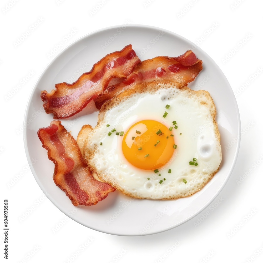 Delicious Fried Eggs and Bacon on a White Background Generative AI Delicious Fried Eggs and Bacon on a White Background Generative AI