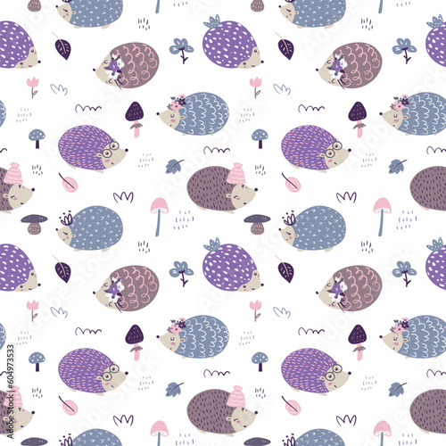Seamless pattern with hedgehogs, flowers and mushrooms. Creative scandinavian background. Perfect for kids apparel,fabric, textile, nursery decoration,wrapping paper.Vector Illustration