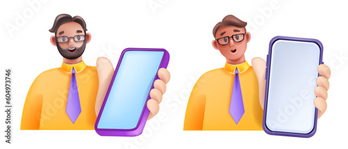 3D man hold smartphone set, smiling excited vector cartoon character with phone, digital SMM manager. Male businessman with cellphone, device screen social media concept. Guy hold smartphone clipart