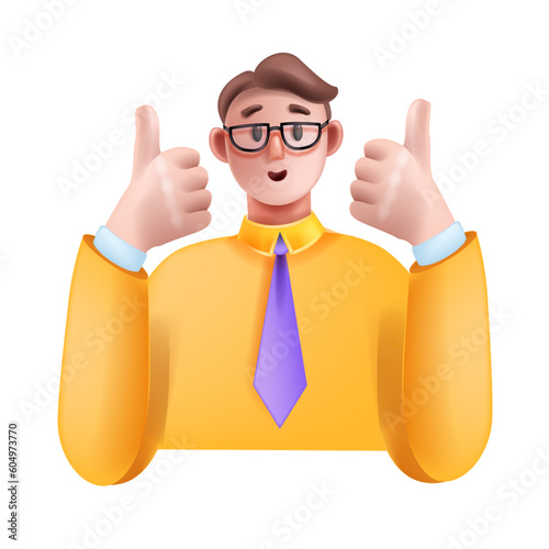 3D man thumbs up vector illustration, happy cartoon male character, smiling confident positive face. Success salesman, business person, young guy hand ok agree gesture. Thumbs up expression clipart