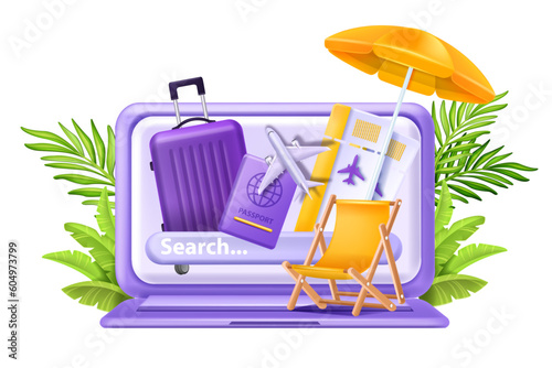 3D travel vector vacation ticket flight search online booking research hotel aeroplane data analysis. Tourism network marketing, internet journey planning, baggage, passport. Travel vacation clipart