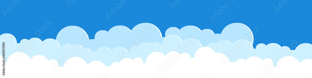 Paper cut flat clouds on blue sky background. Cartoon clouds banner. Vector illustration.