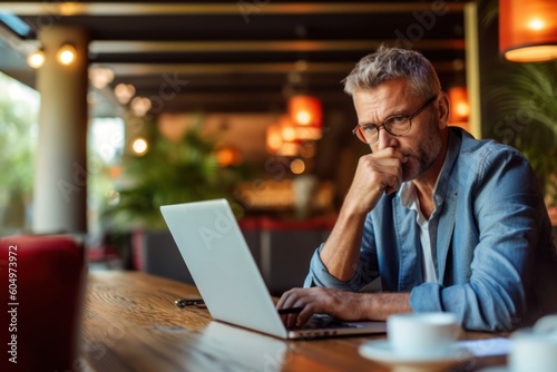 Worried businessman in a hotel lobby, using a laptop to review finances amidst an economic downturn. The image captures concern over the recession's impact, generative ai photo