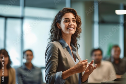 Confident businesswoman delivering a corporate presentation at a seminar or conference. The image showcases her expertise and leadership skills in a professional setting, generative ai photo