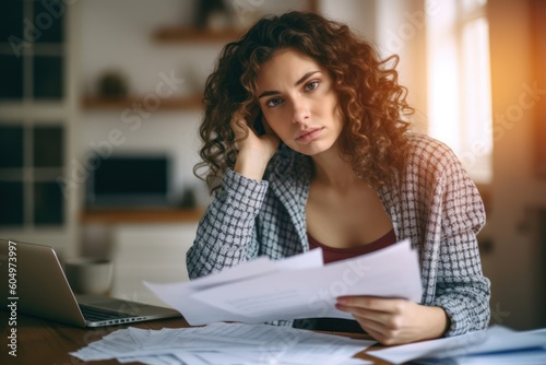 Stressed young woman reviewing her bills, reflecting financial strain during a recession. A poignant representation of personal debt and economic downturn, generative ai photo