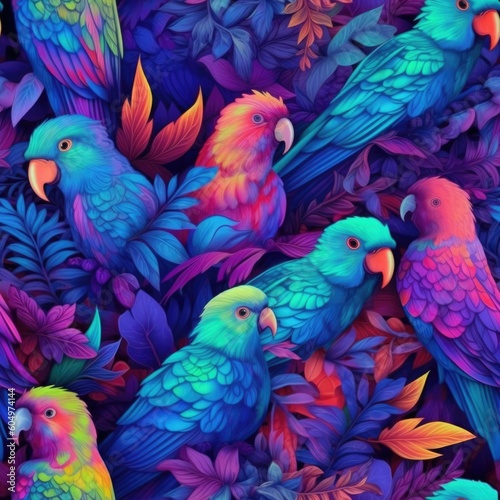 Blue and purple colorful seamless pattern with parrots, ai generative