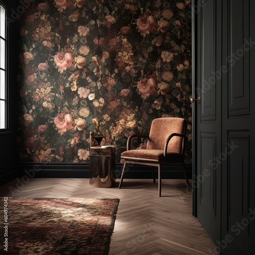 Vanilia floral pattern wallpaper and wood floor