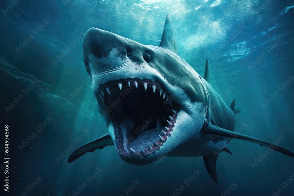 Obraz premium Majestic Megalodon: Enormous Shark Underwater with Open Jaws