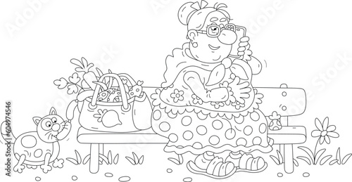 Funny granny sitting on a bench after shopping and chatting on her phone, a sly plump cat trying to steal sausages from a shopping bag, black and white outline vector cartoon for a coloring book