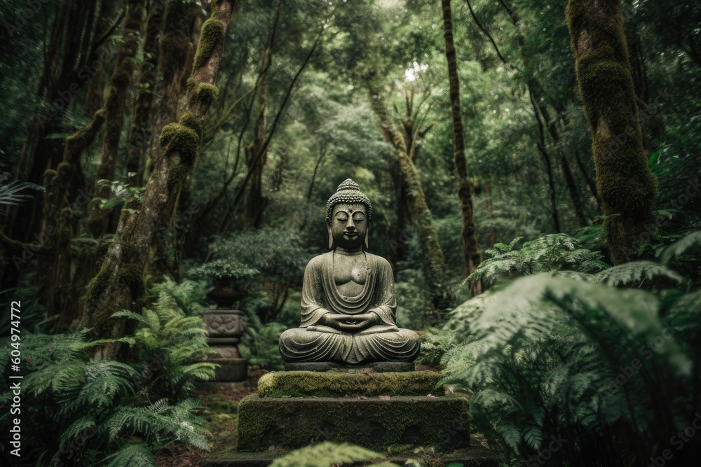 Tranquility Embodied: Serene Buddha Statue in a Lush Green Forest