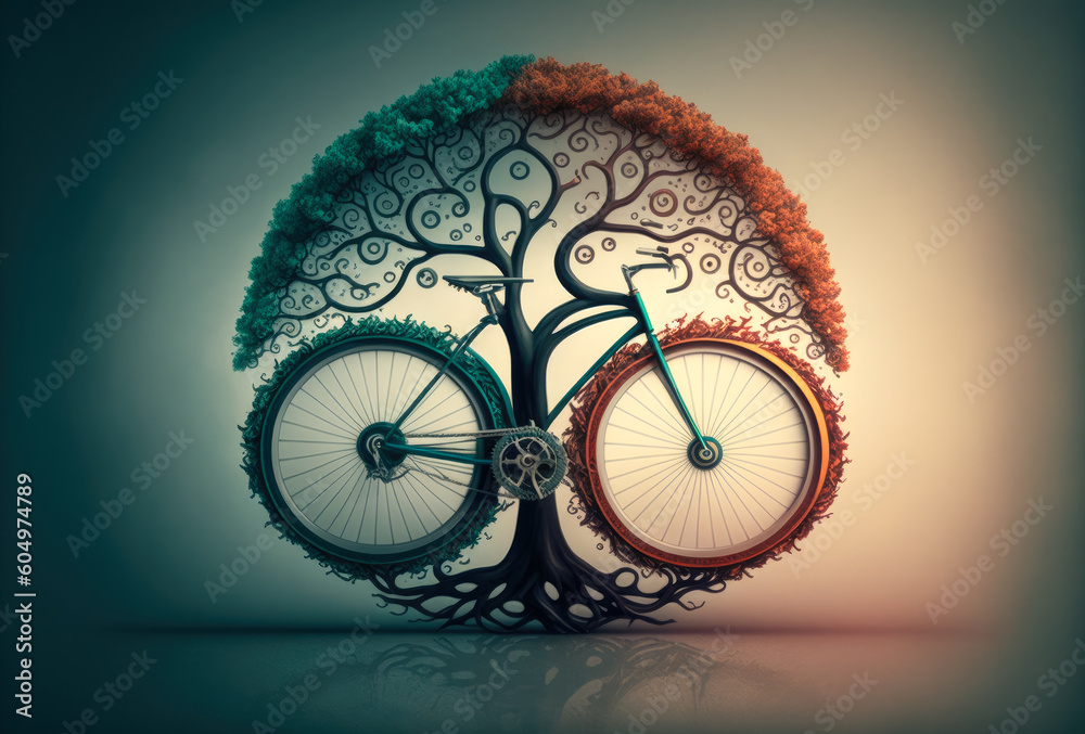 Abstract image of a turquoise and orange tree with a bicycle in the middle. Created with Generative AI.