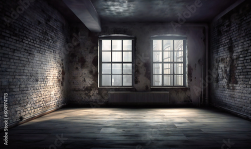 an empty room with window and brick wall