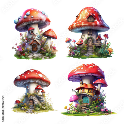 Set of fantasy small mushroom house, 3D illustration digital art design, generative AI